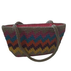 The SAK Multicolor Zig Zag Striped Zippered Crochet Double Strap Purse Boho